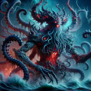 Emerging from the confluence of oceanic and demonic realms is a...