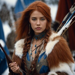young huntress with medieval shortbow in brown and white leather...