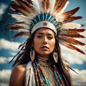 Young Native American woman in traditional clothes, modern reint...