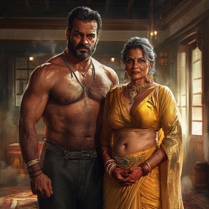 ( art),a man (muscular beefy ,sweaty criminal)celebrating diwali...