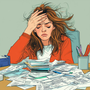 Generate an image of a woman appearing overwhelmed, seated at a...