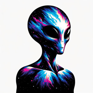 Clean alien graphic illustrated in cosmic colors on a white blan...
