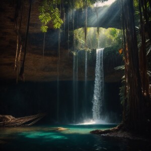 Beautiful waterfall in a cenote, light rays, god rays, deep shad...