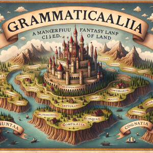 A fantasy world map antique looking. The world named grammatical...