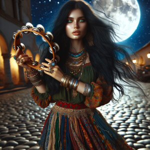 Una mujer gitana de ojos verdes con una pandereta en la mano,una...