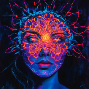A woman’s face illuminated by a glowing mandala in a bioluminesc...