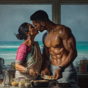 Hyperrealism painting.a muscular sweaty indian man standing an...