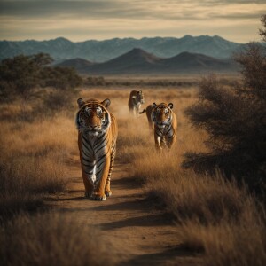 An image of a pioneer traveling west but tigers are lurking in t...