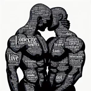 A silhouette of a two muscle men in an intimate embrace, created...