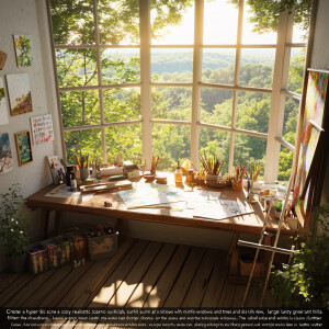"Create a hyper-realistic scene of a cozy, sunlit art studio sur...