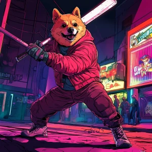 MEME DOGE in GTA art style - mid-swing with a large metal bat, c...