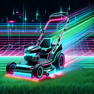 Riding lawnmower in the style of Tron mowing grass
