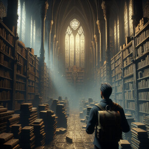 A man with a backpack is standing in an old gloomy library with...