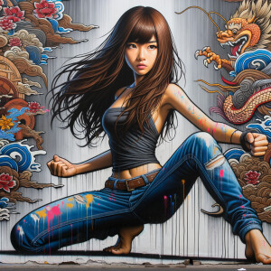 teenage girl, long brown hair and bangs, wearing tight skinny jeans and a halter top paint marks on her clothing, heroic pose Asian graffiti background, nearing on one knee