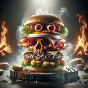 Create a high quality photo of a hamburger shaped like a skull w...