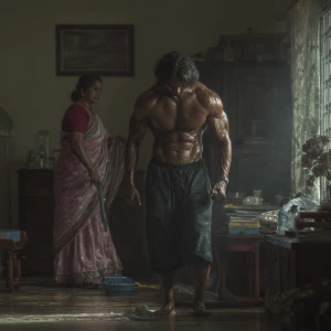 Hyperrealism digital painting ,a indian muscular beefy sweaty...