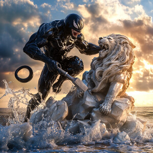 A dynamic 3D scene featuring Venom, the superhero, skillfully cr...