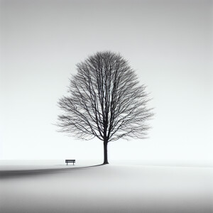 In a minimalist style, a lone leafless tree stands on the left,...