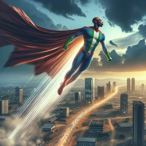 Create an image of a  Nigerian superhero dramatically departing...