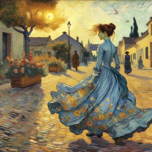 A young woman wearing a finely detailed blue dress, walking alon...