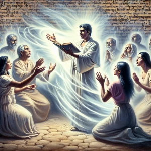 Create an image of a group of believers performing an exorcism, with one person authoritatively casting out a demon in the name of Jesus, while others around him are speaking in various unrecognizable languages, illustrating the biblical verse Mark 16:17.