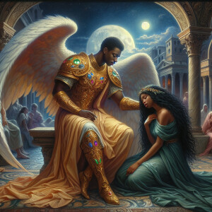 Create an oil painting image featuring a male angel and a grievi...