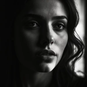 Ultra-realistic noir portrait of a mysterious woman, elegant vin...
