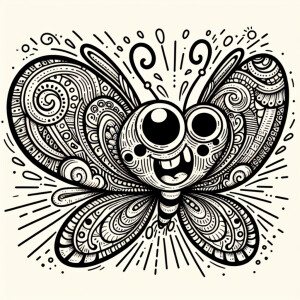 1200 dpi line art of a comical whimsical butterfly