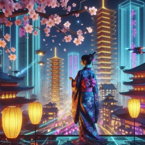 A lone figure in a modernized kimono standing under a softly glowing cherry blossom tree with holographic petals falling gently