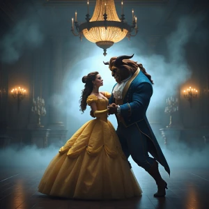 Beauty and the beast dancing in a ballroom surrounded by ghostly...