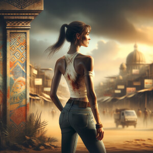 Athletic Thin skinny Attractive, Asian teenage girl, long brown hair and bangs, wearing tight skinny jeans and a halter top paint marks on her clothing, heroic pose Asian graffiti background, backside view