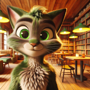 A charming 3D cat character with large, expressive green eyes, s...