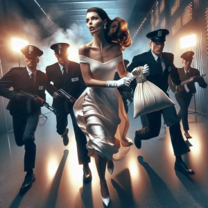 A woman holding a bag of stolen goods in a white dress, like Mar...