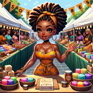 "Envision a digital painting of a vibrant African American chibi character, boasting an athletic yet curvy build. She has wide almond-shaped eyes and luscious full lips. Her hair is elegantly styled into an updo of locs, each adorned with shiny golden cuffs. She stands proudly behind a booth at a bustling craft fair, surrounded by her own handmade colorful soaps and aromatic candles. She wears a branded apron over a cheerful summer dress, actively engaging with customers. The perspective of the artwork is dynamic, with the craft table positioned at an inviting angle, allowing a three-dimensional view of the varied products. Banners flutter above her, displaying the brand name in a festive font. This scene is alive with the fair's energetic atmosphere, focusing on the rich interactions between the creator and her patrons, and showcasing the intricate textures and vivid colors of the crafts."