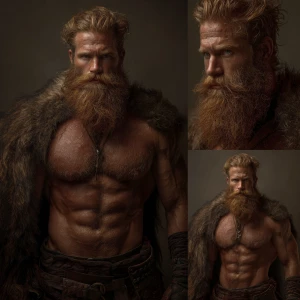Create an image of a muscular man with a Viking aesthetic, simil...