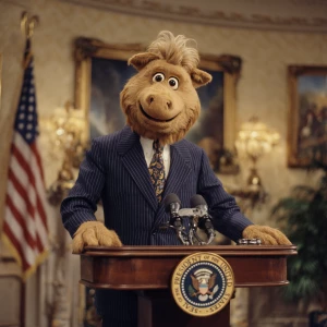 ALF dressed in a presidential suit, standing behind a podium in...