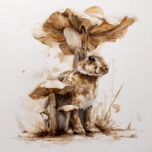 Rabbit under mushroom, watercolor, earth tones, white background