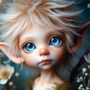An elven baby with dark brown skin, blue eyes, and blonde hair.