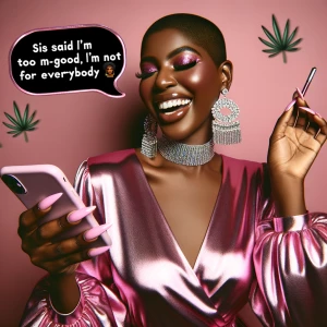 African American Baddie in a satin pink wrap dress, bling earrin...