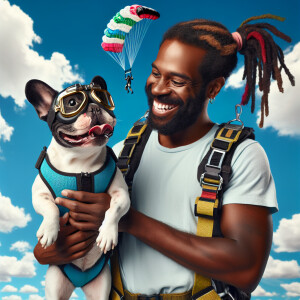 Visualize a playful scene where a black and white French Bulldog...