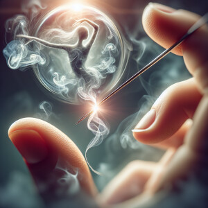 Capture a close-up where a smoky, ethereal thread weaves through...