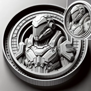 a grayscale bas relief of ironman, on a round coin emblem with t...