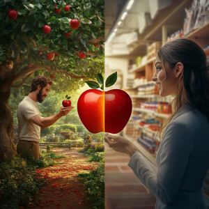 split screen. left the garden of Eden where Adam takes a bite ou...