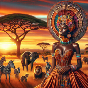 Envision a magnificent African savannah at the golden hour of su...