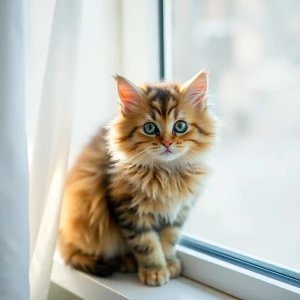 A cute, fluffy domestic cat sitting on a windowsill, with soft l...