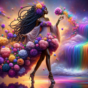 Remix Prompt
S/O Jackie Torres
S/O Panda Locke

create a animated style hyper realistic airbrush whimsical oil painting of a light African American woman wearing a flawless beautiful purple, pink, and gold blossom dress long flowing with colorful flowers and ruffles on the dress colorful jewelry made of flowers she has long black dreadlocks in a bun a colorful rose in her hair her peep toe shoes is matching her dress behind her is a beautiful waterfall liquid glowing lights beautiful colorful rainbow surrounded by beautiful roses.