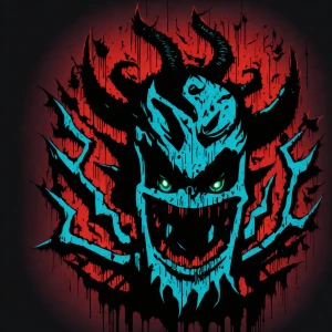 Design a cartoon-style circular logo featuring a cheeky demon we...