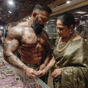 Hyperrealism photo painting.a muscular beefy tattoed gujarati sw...