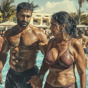 Create a realism photorealistic image of a muscular, sweaty man...
