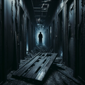 A destroyed hallway from a fire, all black but very eerie. Up cl...